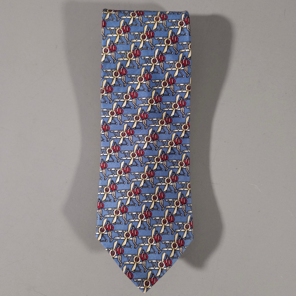 Brooks Brothers Tie Mens OS Blue Silk Vintage Aviation Biplane Pilot USA